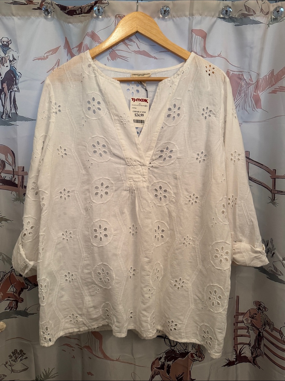 T.J.Maxx White Eyelet V-Neck Peasant Blouse